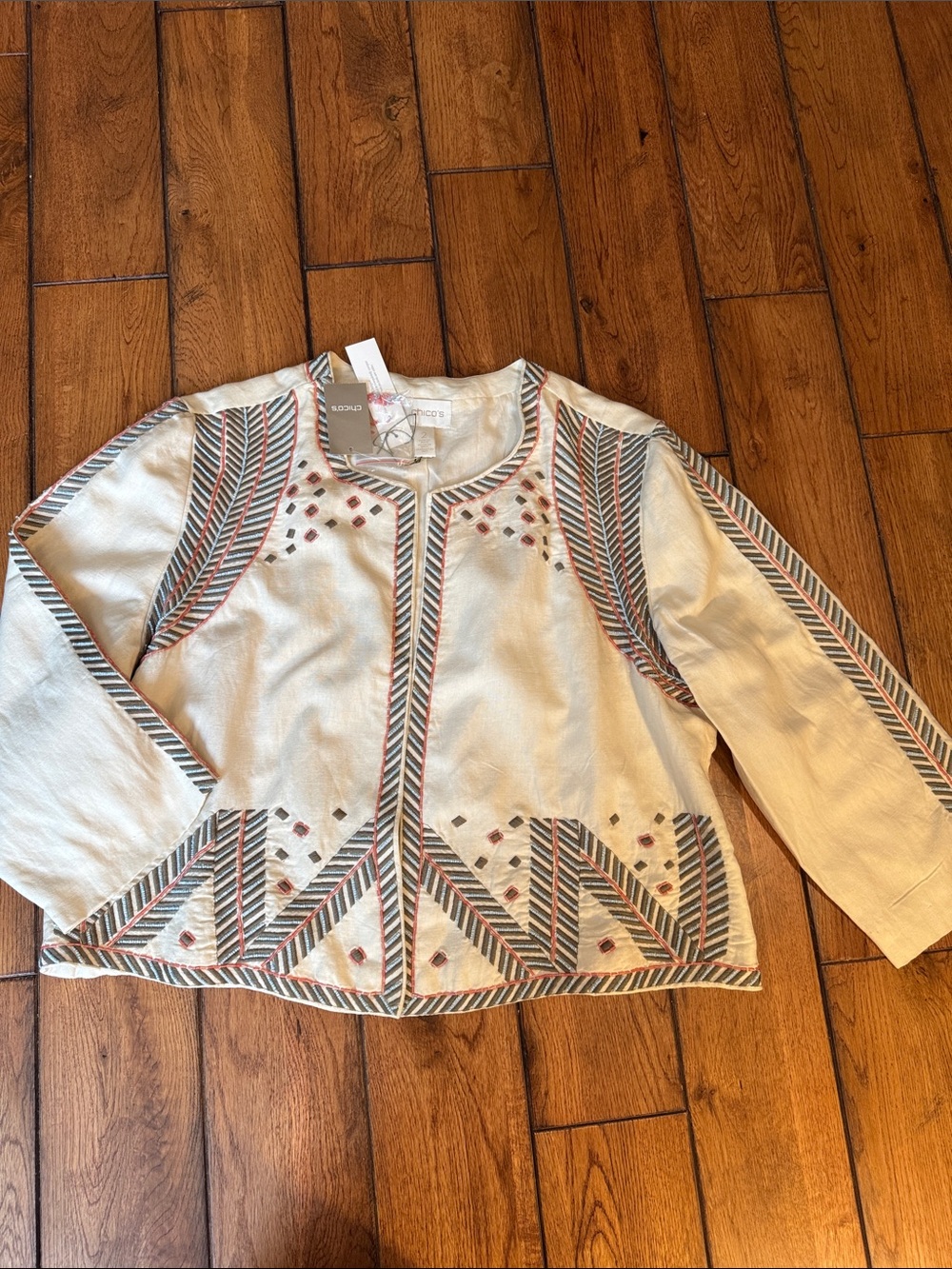Chico's Cream Embroidered Open-Front Jacket with Blue and Rust Accents